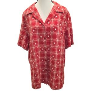 80s VTG  Red Plaid Star Print‎ Button Up Short Sleeve Shirt Donnkenny Womans  1X